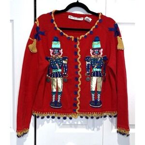 Vtg Michael Simon Womens Beaded Nutcracker Cardigan Sweater Size L Christmas 90s